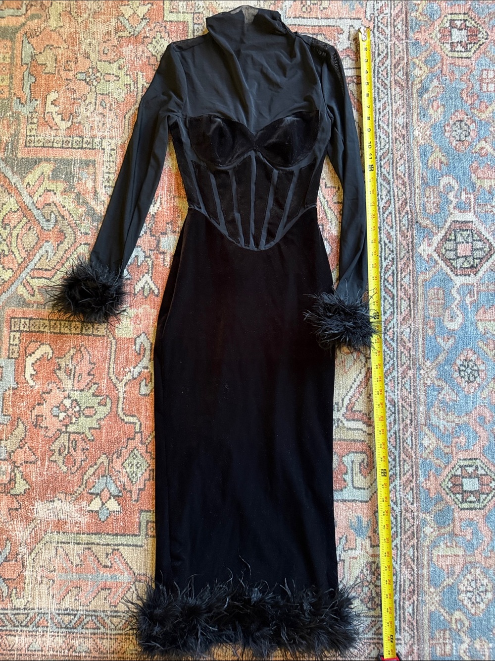 House of CB Black Long Sleeve Feather Trim Midi Dress